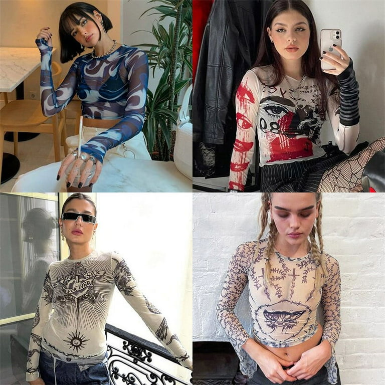 YCNYCHCHY 2023 Fairy Grunge Shirt Basic Mesh Print Top Women YCNYCHCHY 2023 Fairy Grunge Shirt Basic Mesh Print Top Women