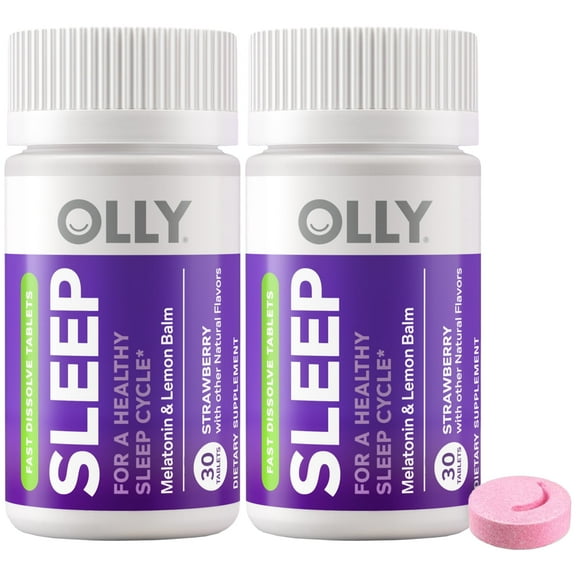 OLLY Sleep Fast Dissolves Supplement 2-Pack, 3mg Melatonin, Lemon Balm, Vegan, Strawberry, 30 Ct