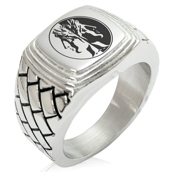 Stainless Steel Janus Greek God of Beginnings Geometric Pattern Step-Down Biker Style Polished Ring