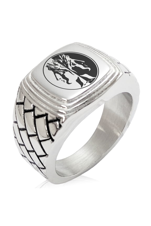 Stainless Steel Janus Greek God of Beginnings Geometric Pattern Step-Down Biker Style Polished Ring