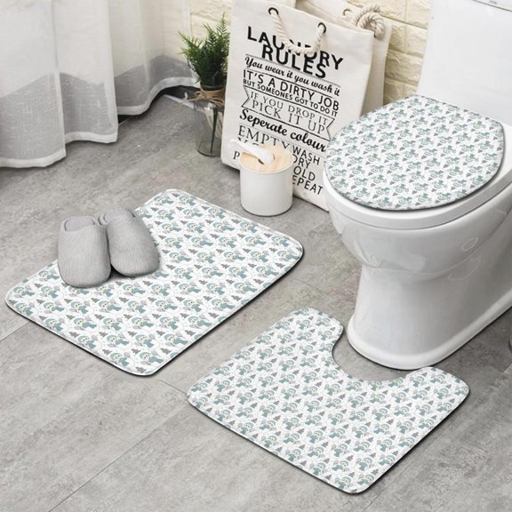 Light Blue Christmas Snowman Pattern Bathroom Rugs Sets 3 Piece,Toilet Cover Set,Absorbent Non Slip Bathroom Mats Sets with U-Shaped Contour Rug Toilet Rug Set
