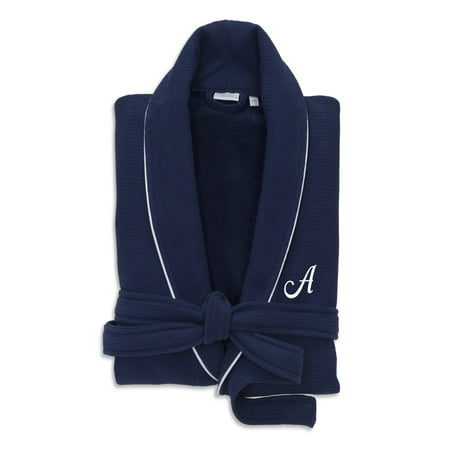 

Authentic Hotel and Spa Navy Blue Unisex Turkish Cotton Waffle Weave Terry Bath Robe with White Script Monogram A L/XL