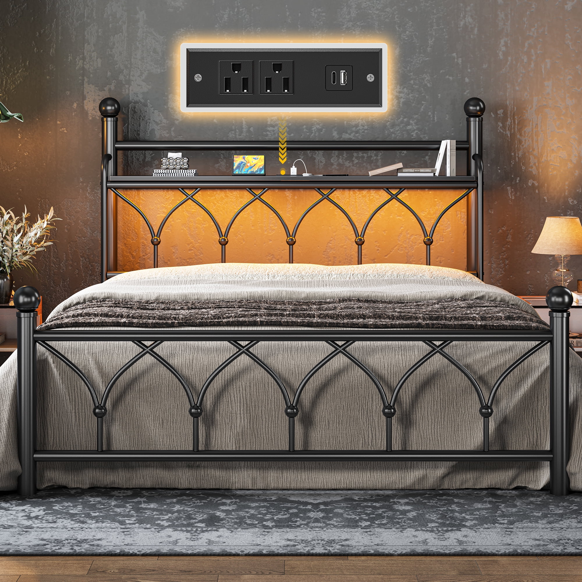 EnHomee Queen Size Metal Bed Frame with Vintage Headboard & Footboard Metal Platform Bed Frame Queen with LED Lights Bed Frame with Charge Station & Storage, Noise Free, Black
