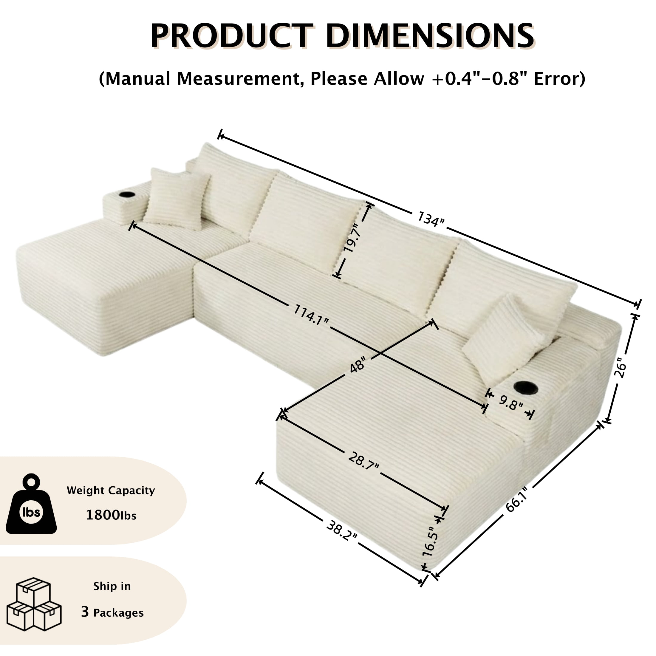 ShiKeyi 134" Modular U-Shaped Cloud Sofa, 5-Seater Corduroy Sectional Couch with Deep Seats Double Chaise & Soft Boneless Design, Beige