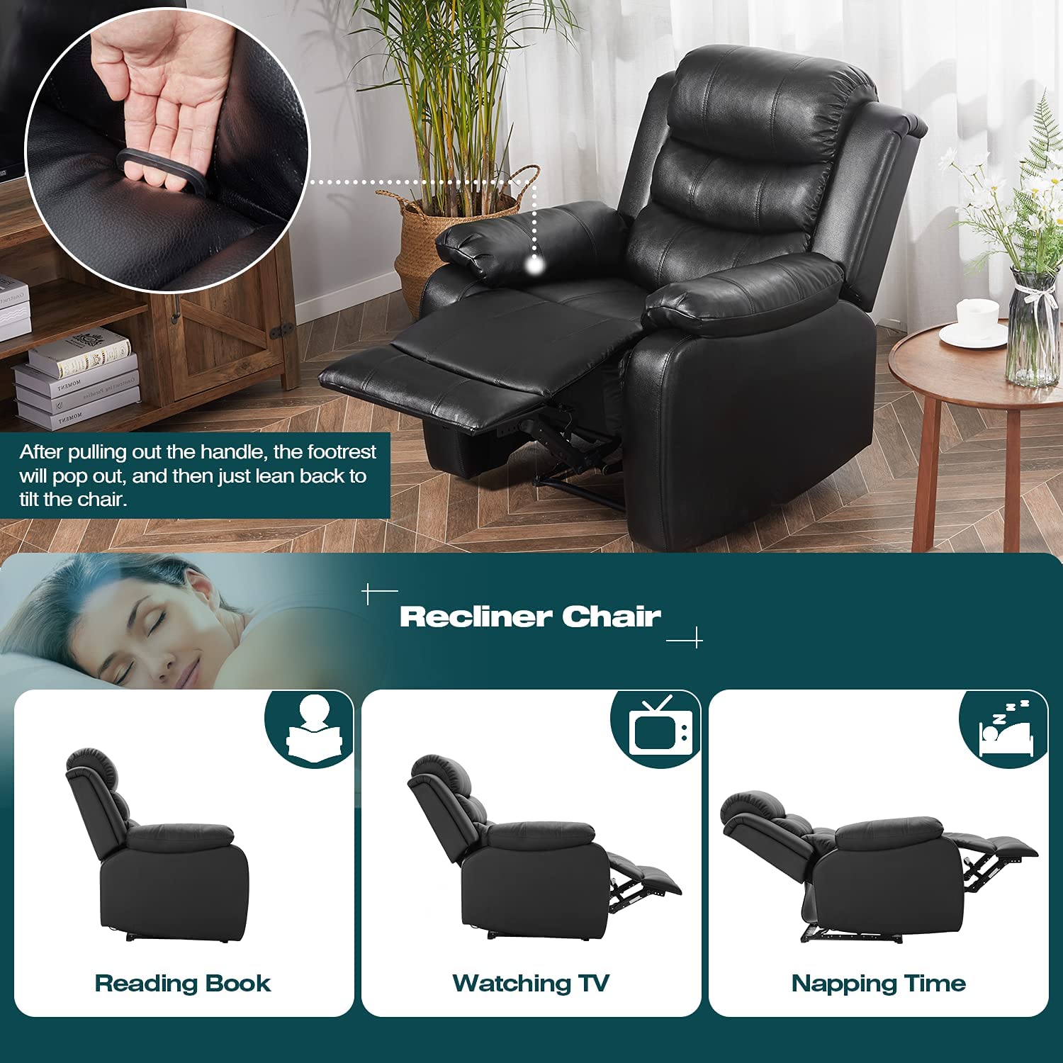 Buy PU Leather Recliner Chair, Upholstered Single Sofa, Manual