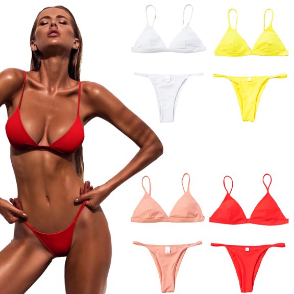 KYAIGUO Women Beach Bikini Set Two Piece Swimsuit Triangle Bathing Suits Double Shoulder Straps Bikini Set Solid Color Swimwear