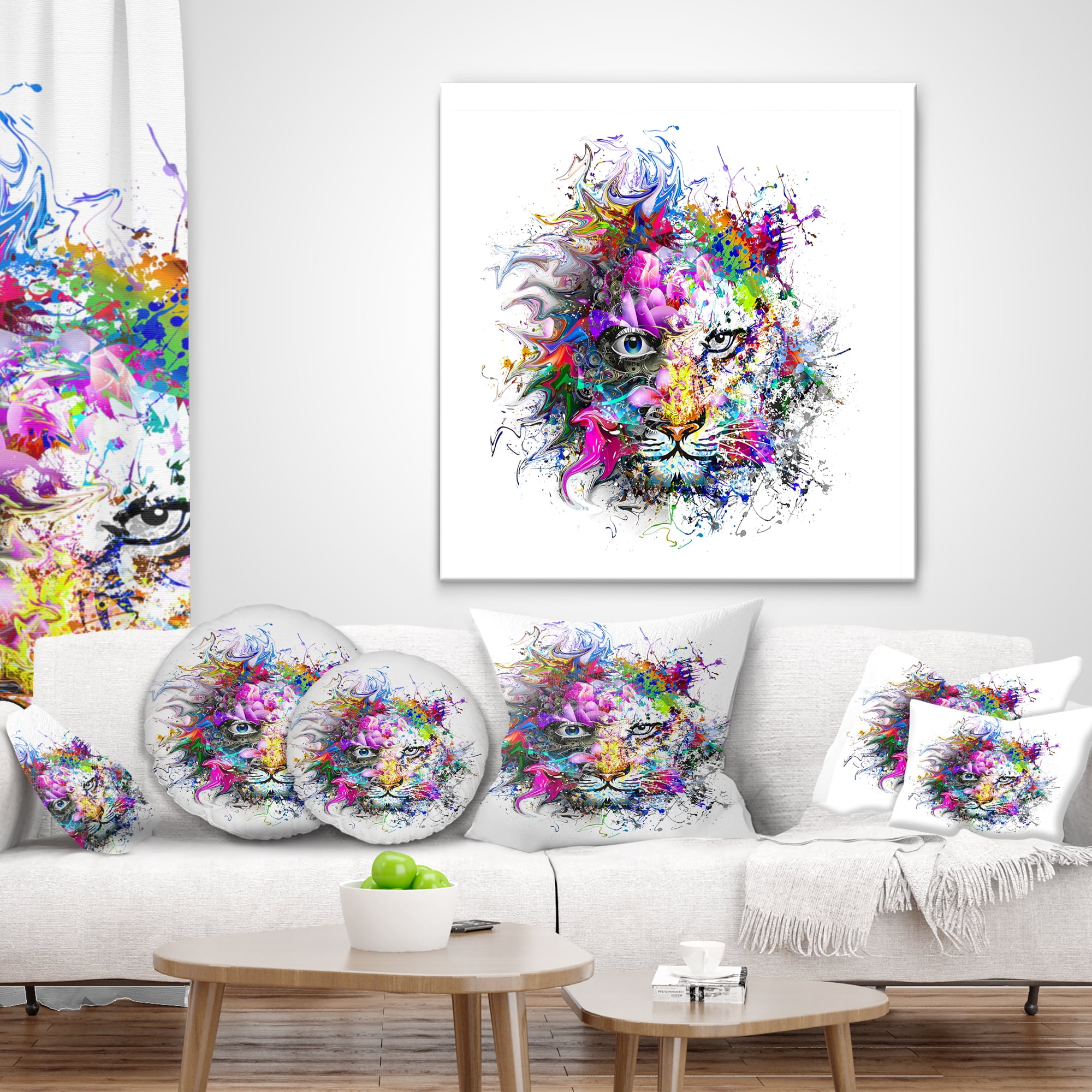 Designart Tiger Face in Colorful Splashes - Abstract Throw Pillow - 12x20