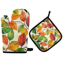 Yayeee Oven Mitts and Pot Holder Set of 2 Heat Resistant Kitchen Gloves Baking Hot Pad, Beige Leaves