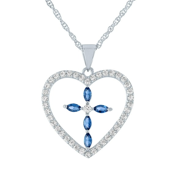 Ladies Brilliance Fine Jewelry Sterling SIlver Plated Simulated Sapphire & CZ Cross Pendant, 18"