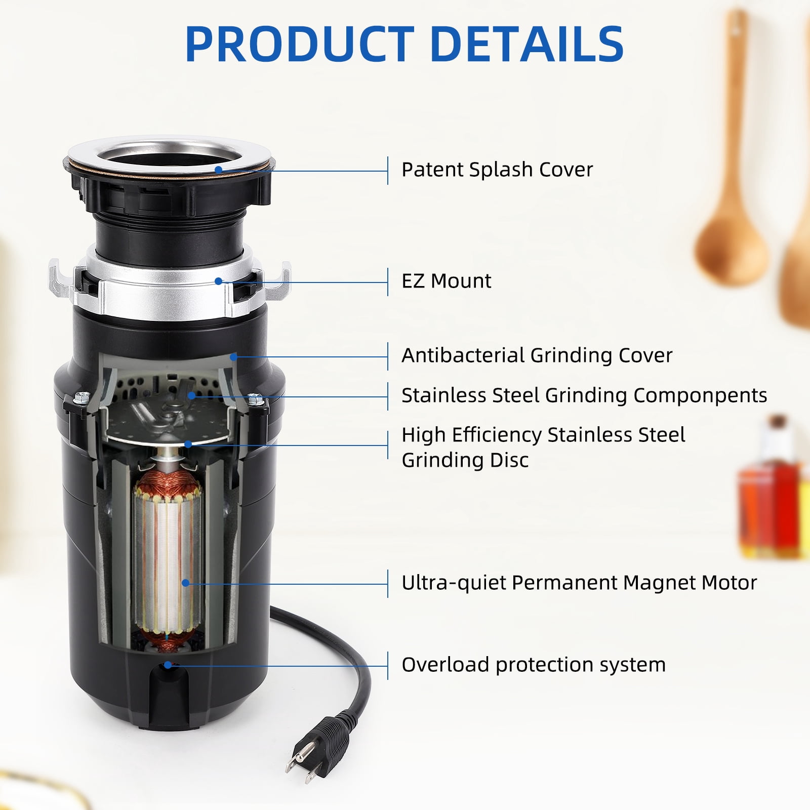 COZONY 3/4 HP Economy Garbage Disposal for Kitchen Sink, Continuous Feed Garbage Disposal with Dishwasher Connection, Stainless Steel 4 Stage Grinding, Splash Guard,Black