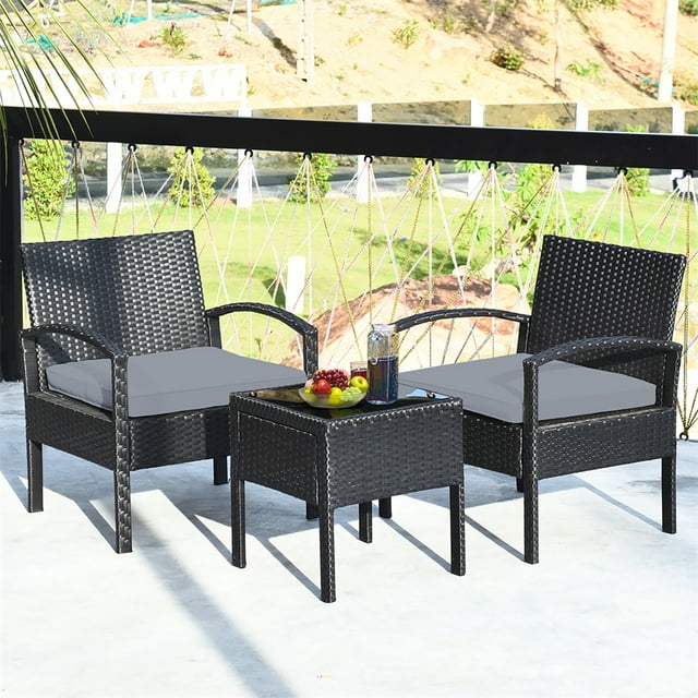Set Bistró Costway 3 Piezas Mesa y Sillas Ratán Mimbre Cojines Gris 58 x 59 x 70 cm