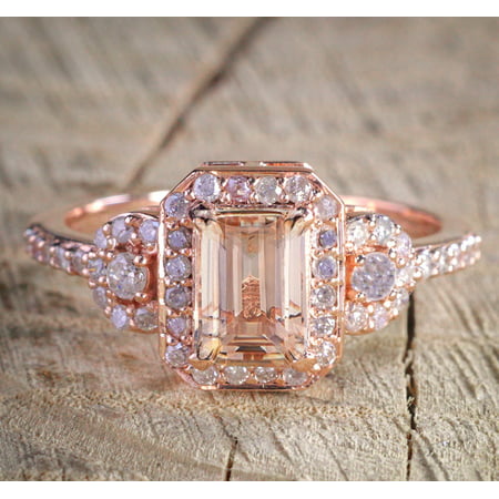 1.25 Carat Peach Pink Morganite (emerald cut Morganite) and Diamond Engagement Ring in 10k Rose
