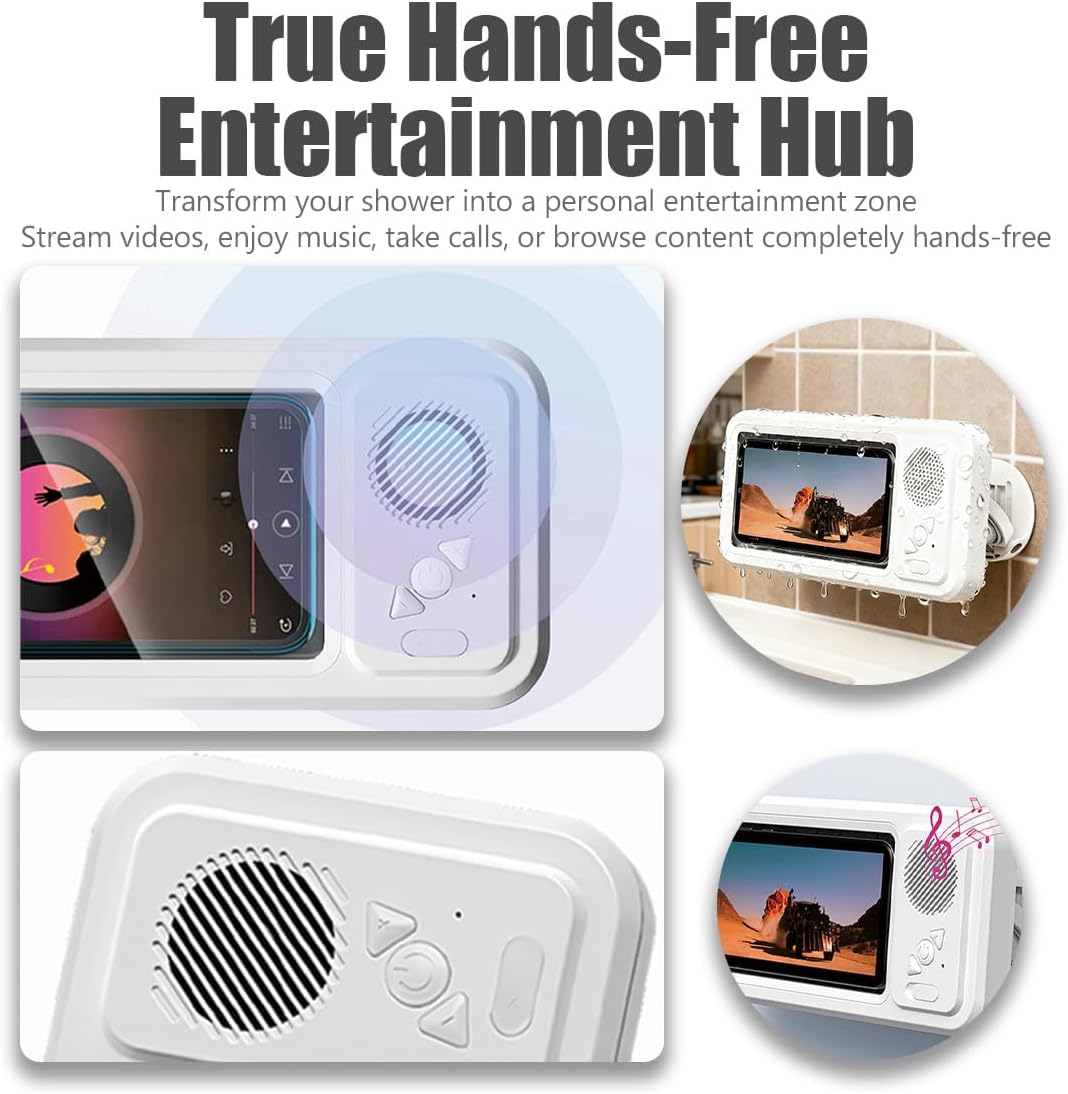 LOUQIBINE Shower Phone Holder with Bluetooth Speaker, 100% Waterproof and Fog-Proof Design, 360° Rotation Mount for Bathroom Use, Compatible with Phones Under 9 Inches