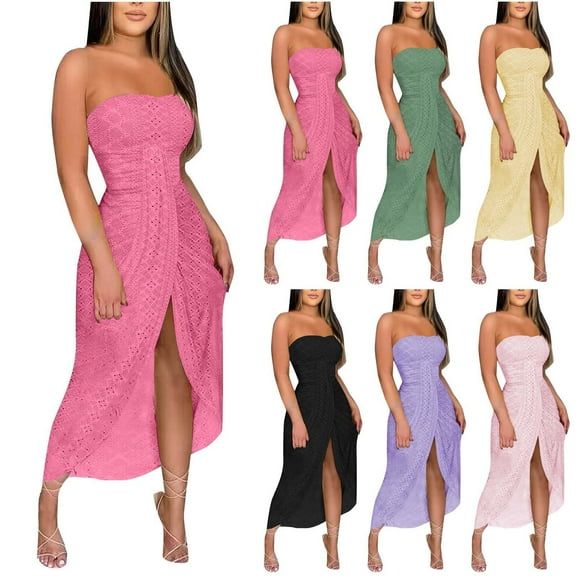 VBTAPA Eyelet Dresses for Women Trendy Strapless Wrap Slit Dress High Waisted Ruched Bodycon Cocktail Party Dress Black L