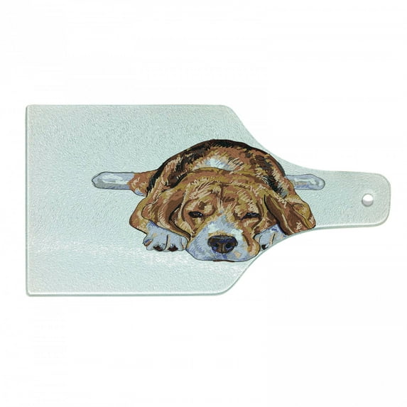 Beagle Cutting Board, Old Dog Resting Sleeping Tired Puppy Short Haired Purebred Sketch Art, Tempered Glass Cutting and Serving Board, Wine Bottle Shape, Pale Blue White Brown, by Ambesonne