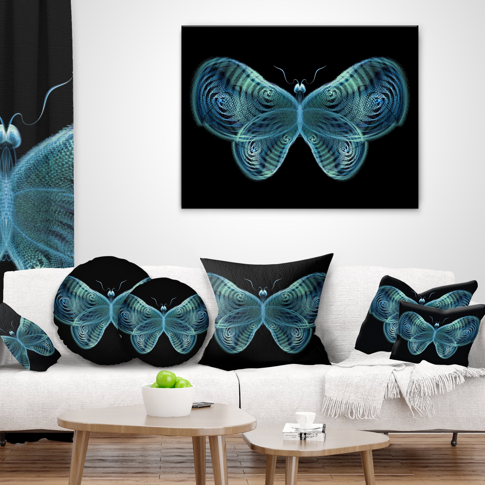 Designart Light Blue Fractal Butterfly in Dark - Abstract Throw Pillow - 12x20
