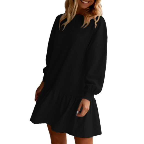 Women's Casual Black Solid Color Puff Sleeve Ruffle Hem Mini Dress - [ZhiHiMeRi] | (US 12-14)L