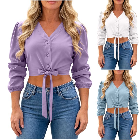 Miluxas Women's Puff Long Sleeve Button Down Crop Blouses Solid V Neck Tie Front Work office Crop Tops Trendy Y2K Street Casual Shirts Slim Fit White