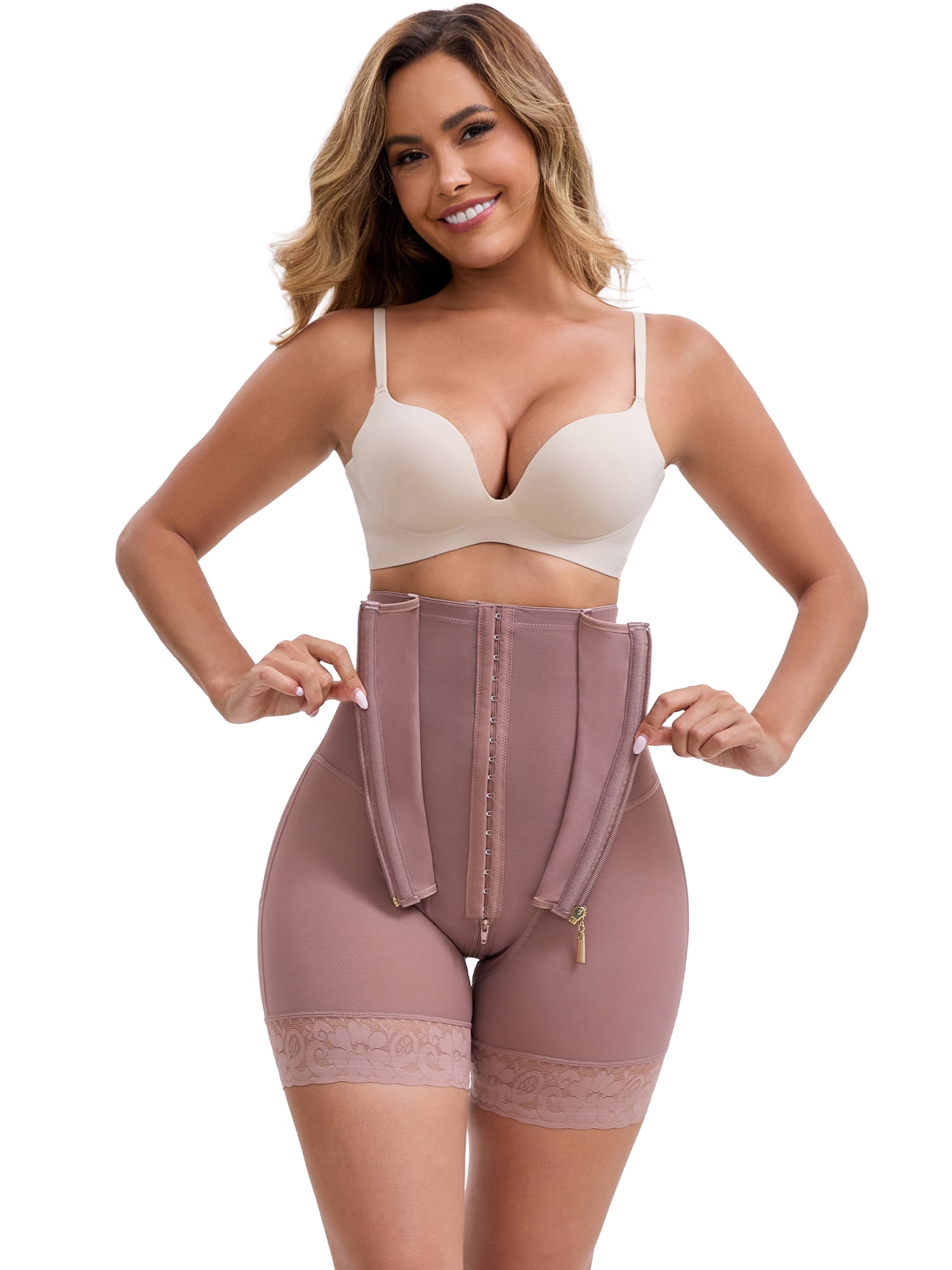 DARING DIVA High Rise Shorts Shapewear Lace Trim Zipper Hooks Closure S Dark Brown