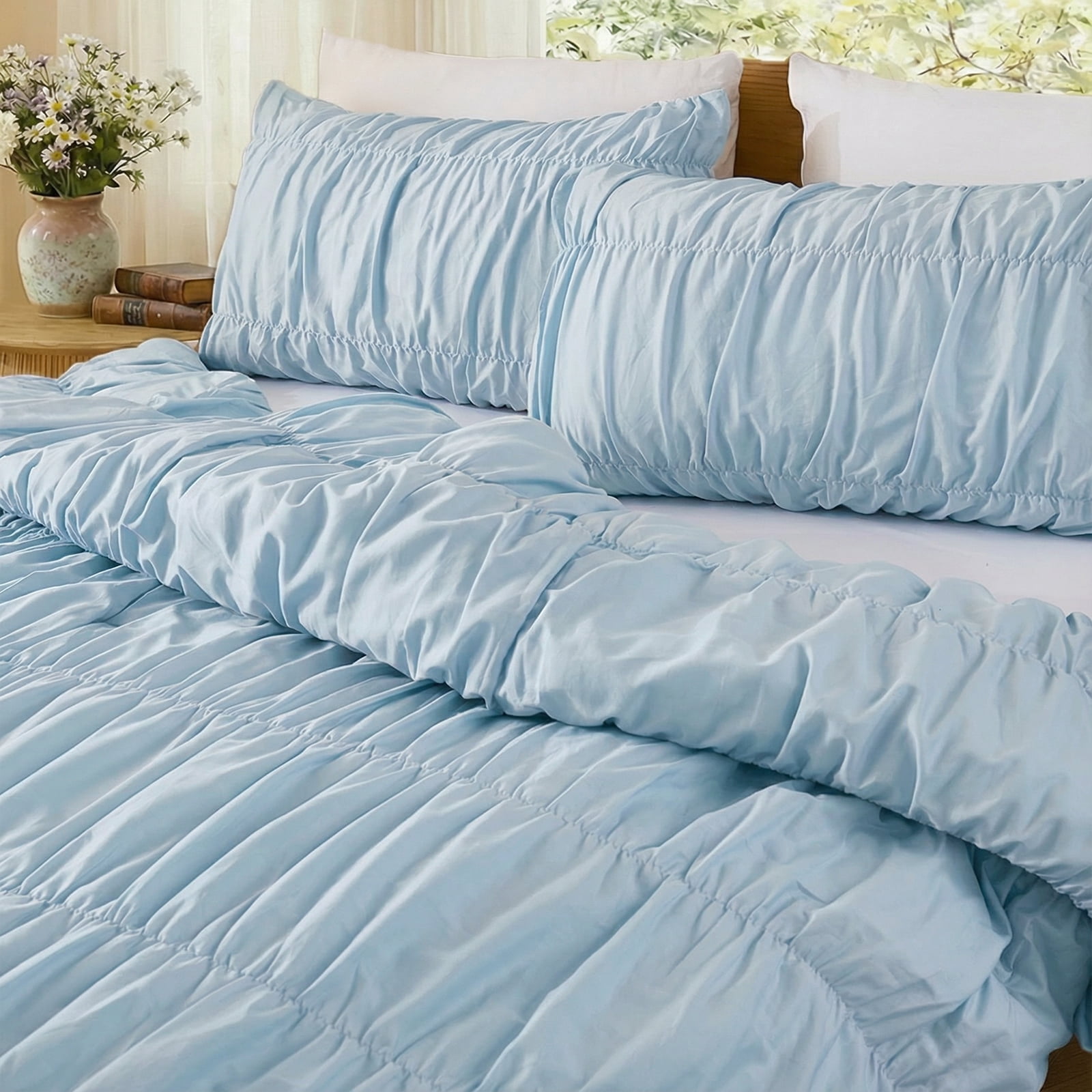100% Cotton Blue Wrinkle Duvet Cover Set Queen Size,Ruched Bedding Comforter Cover,Shabby Chic Ruffled 3 Pcs Queen Duvet Cover Set,Bohemian Boho Bedding Set with Zipper 1 Duvet  Cover 2 Pillowcases