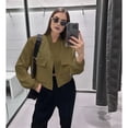 thumbnail image 5 of Women'S Cropped Varsity Jackets Long Sleeve Button Down Casual Coat with Pockets Outwear Army Green L, 5 of 7