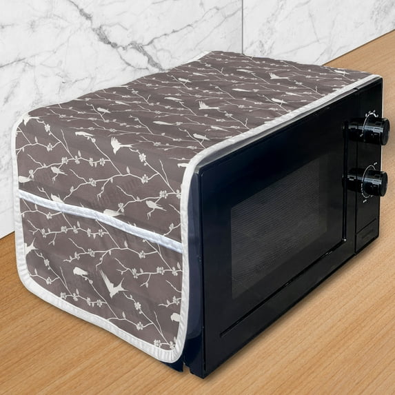 Birds Microwave Oven Cover, Silhouette of Flying Resplendent Quetzal Bird Among Vertical Branches, Water Resistant Organizer with Pockets for Kitchen, 36" x 12", Ivory Taupe and Dimgrey, by Ambesonne