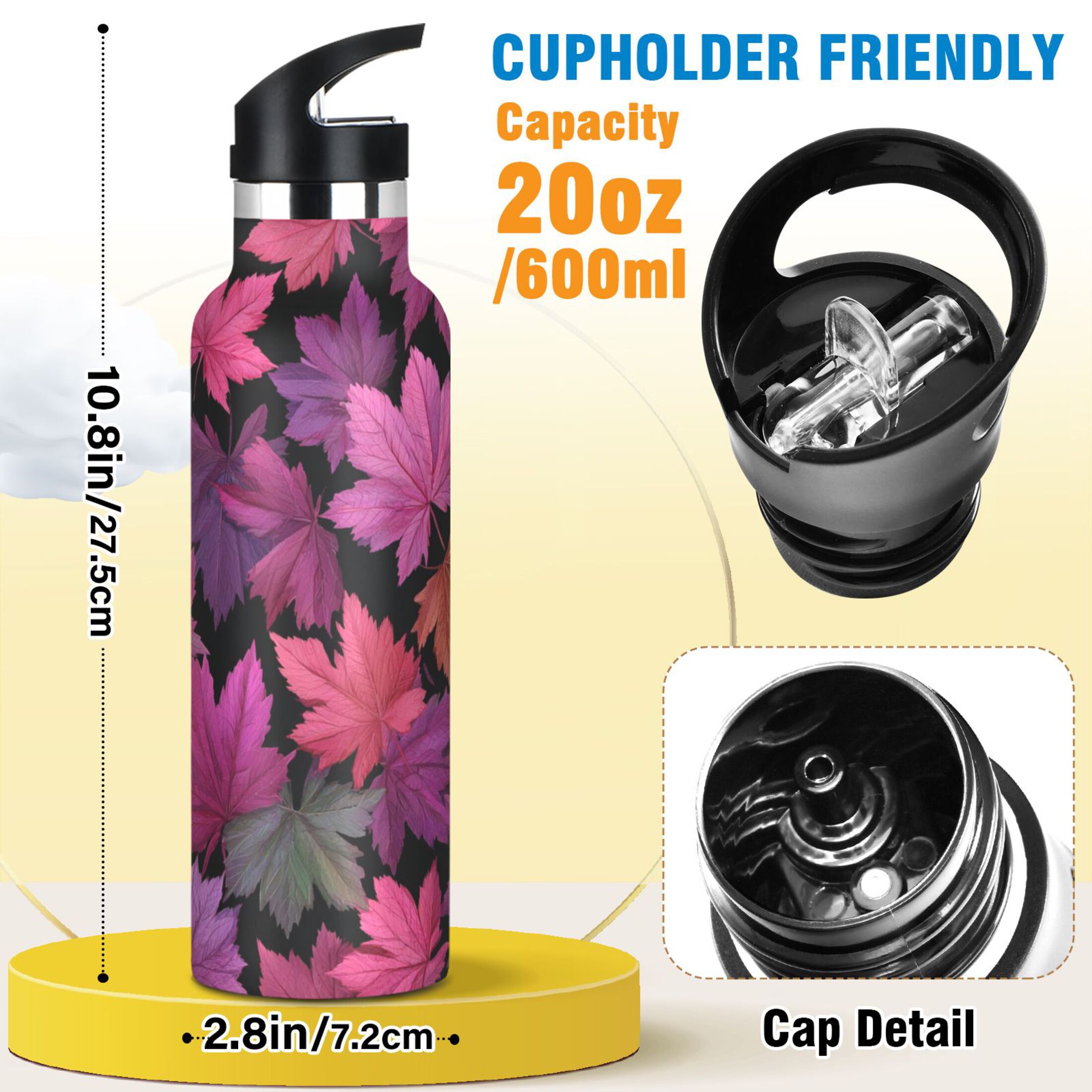 600ML Stainless Steel Insulated Cup Sports Water Bottle Portable Thermos Cup Water Glasses Insulated Tumblers Convenient and Durable Beautiful Maple Leaves