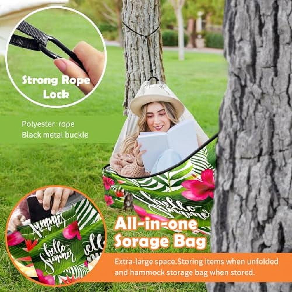 Hammock Double & Single Portable Hammocks with Storage Bag Travel Camping Beach Hiking Backpacking Patio Backyard-Indoor Outdoor Gear Hello Summer Tropical Floral Palm