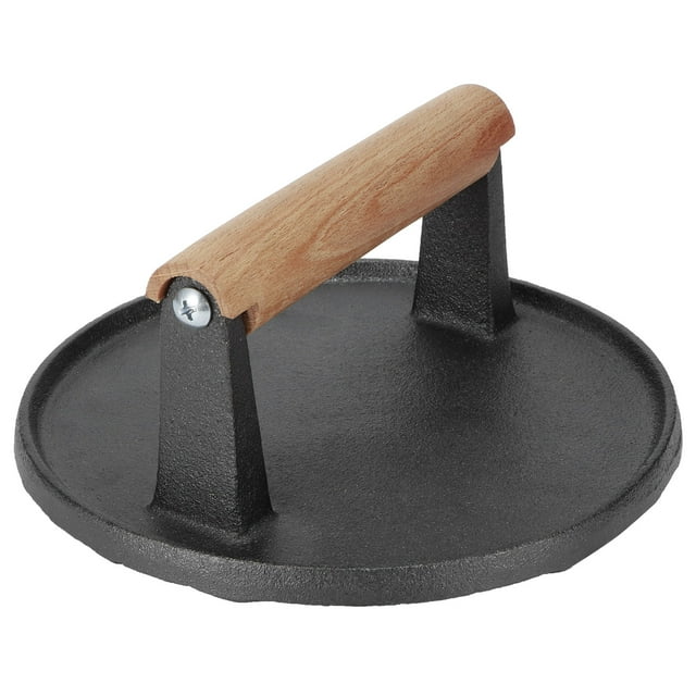 Outil Rond de Barbecue en Fonte Manche en Bois Steak Presse Grill Rôti Viande Frite Outil de Pression