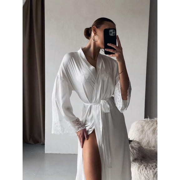 Women's Satin Lace Robe 3/4 Sleeve Mid-Calf Length Kimono Bride Bridesmaid Wedding Spa Bathrobe