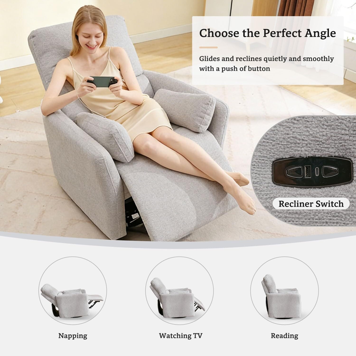 Power Swivel Rocker Recliner Chair with USB & Type-C Ports,Electric Glider Recliner with 2 Pillows,Suede,Gray