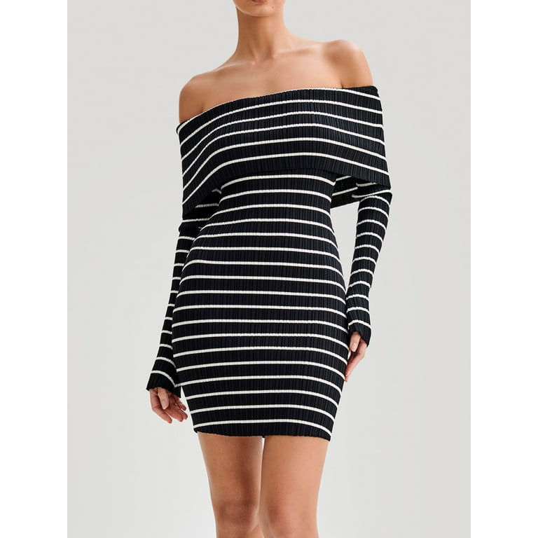 Sexy Stripe Off Shoulder Long Sleeve Slim Bodycon Dress Sexy Stripe Off Shoulder Long Sleeve Slim Bodycon Dress