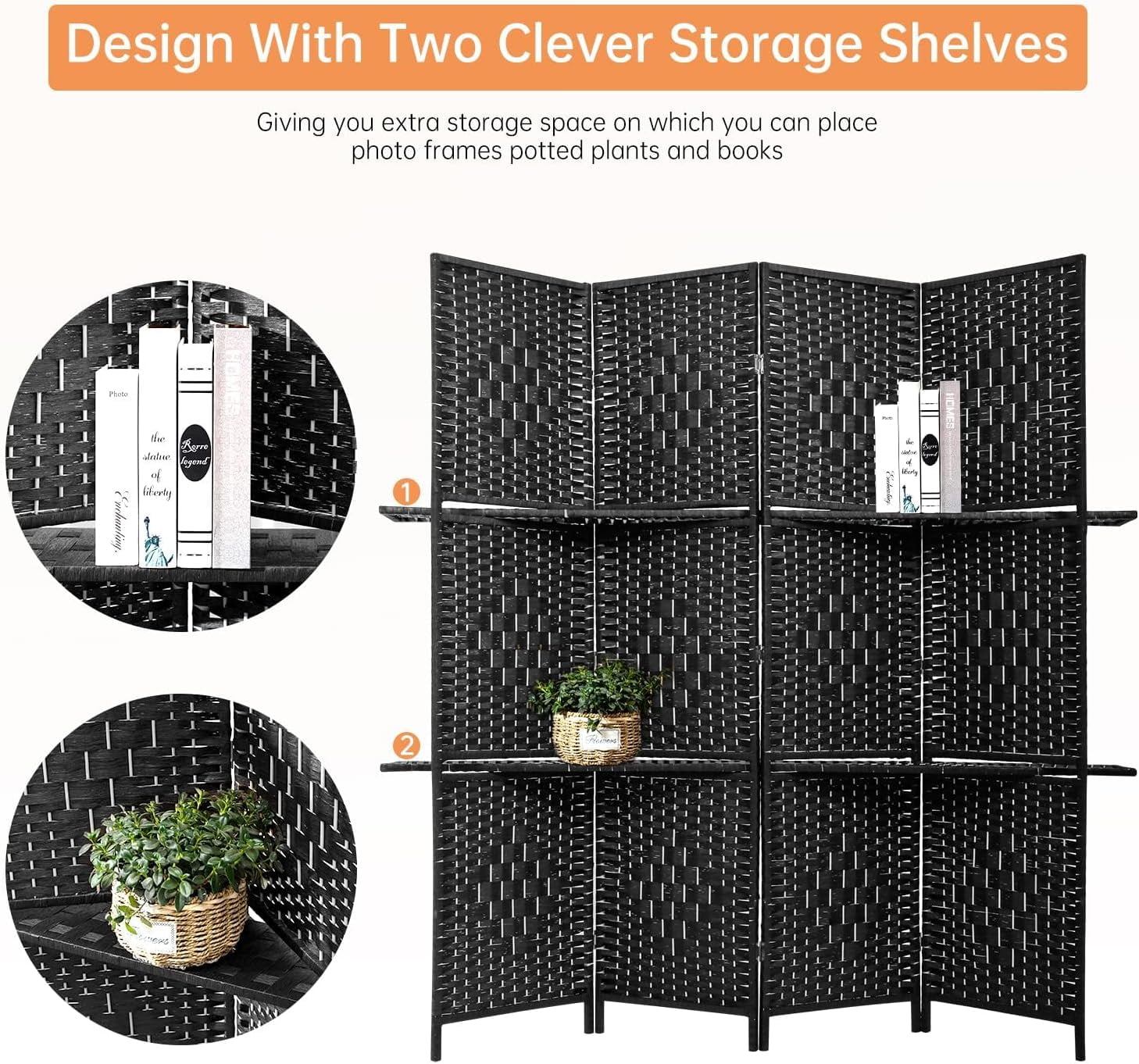 Dkelincs 71 inch Wooden Room Dividers 4 Panel Portable Folding Privacy Screen with Shelves, Black