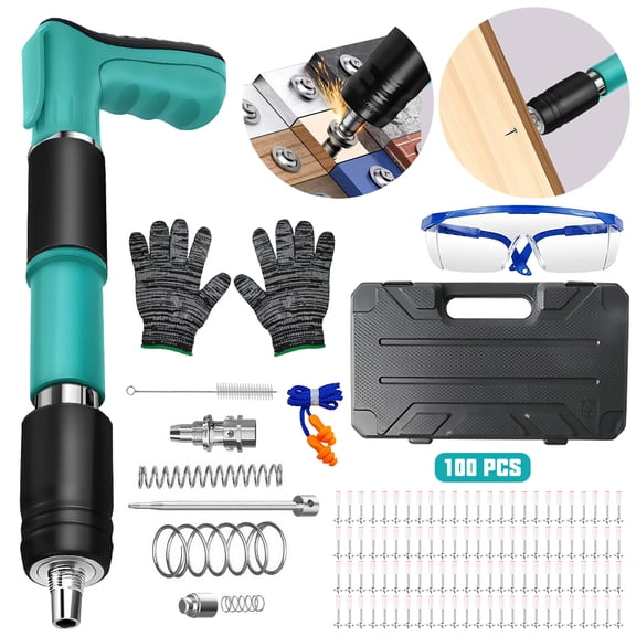 VTIN Concrete Nail Gun Kit 5-Speed Adjustable - 100pcs Nails, Double Muffler, 0.1s Penetration, Protective Gear, Portable for Home Woodworking/Equipment Installation