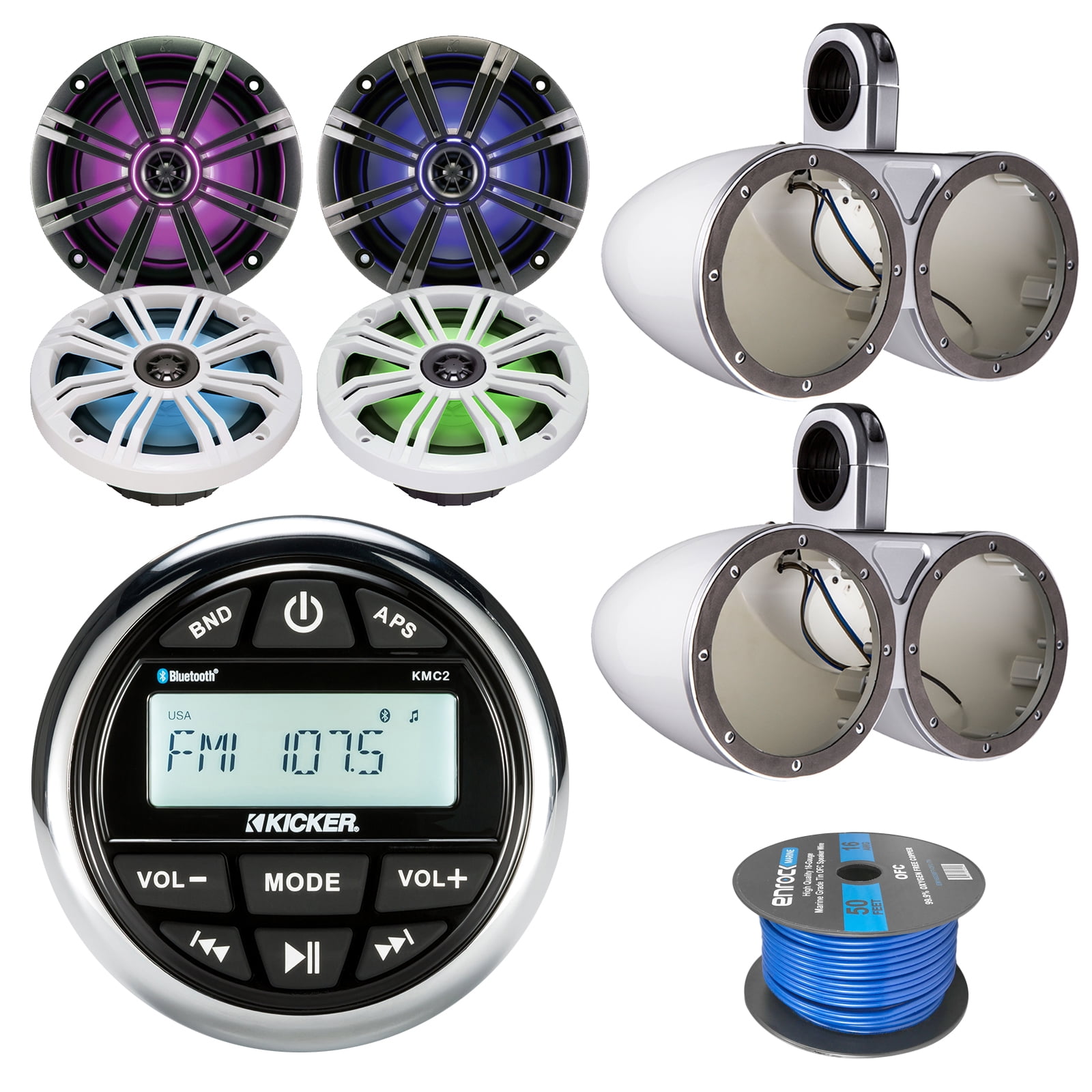 Kicker Gauge Marine Grade Receiver, 4x Kicker 6.5 Inch KMSeries LED