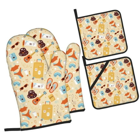 

Zufioo Summer Travel Oven Mitts and Pot Holders 4pcs Set Kitchen Oven Glove High Heat Resistant 500 Degree Extra Long Oven Mitts for Kitchen Baking Cooking