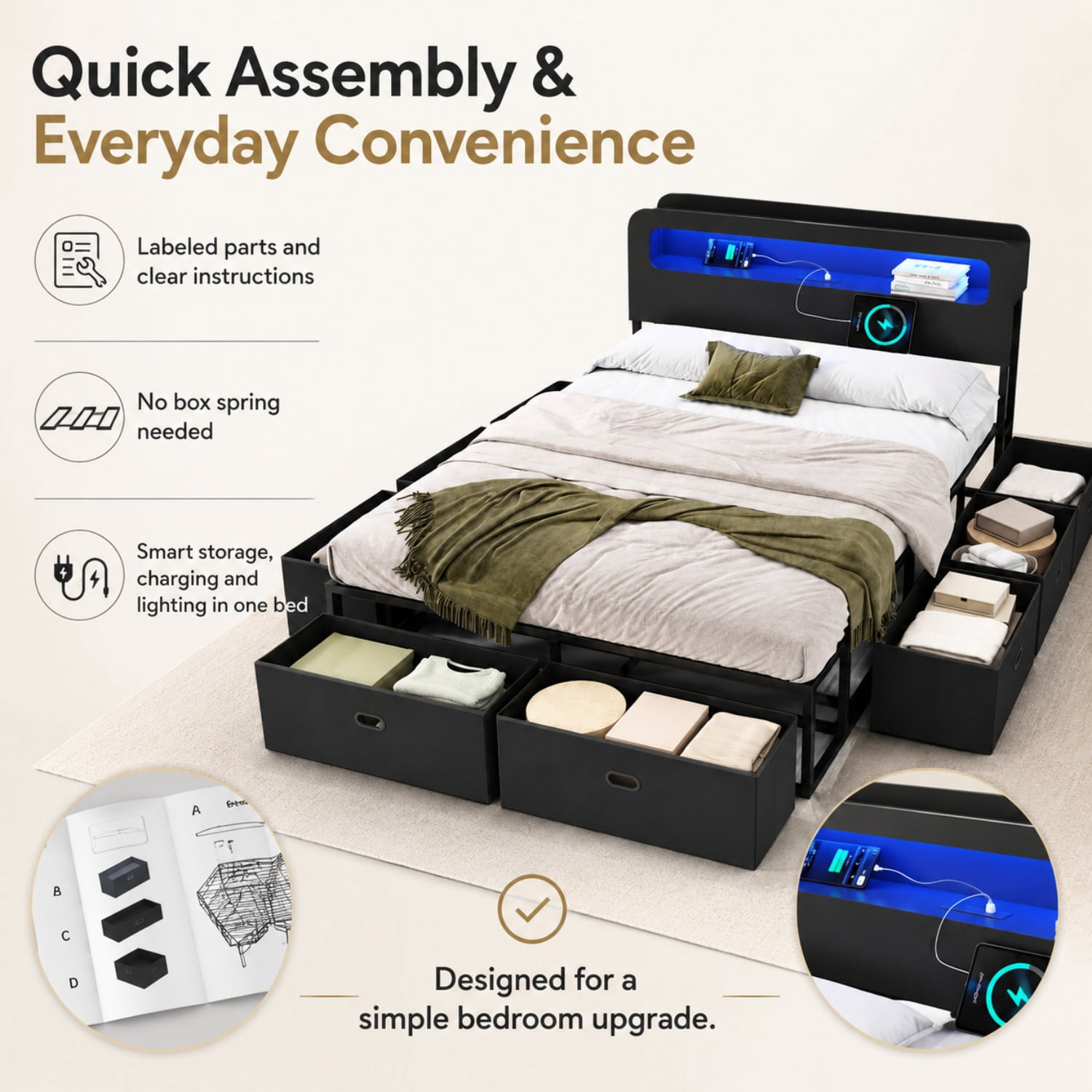Miniyam Full Platform Bed Frame with 8 Storage Drawers, LED Lights, Bookshelf Headboard and Charging Station, Black