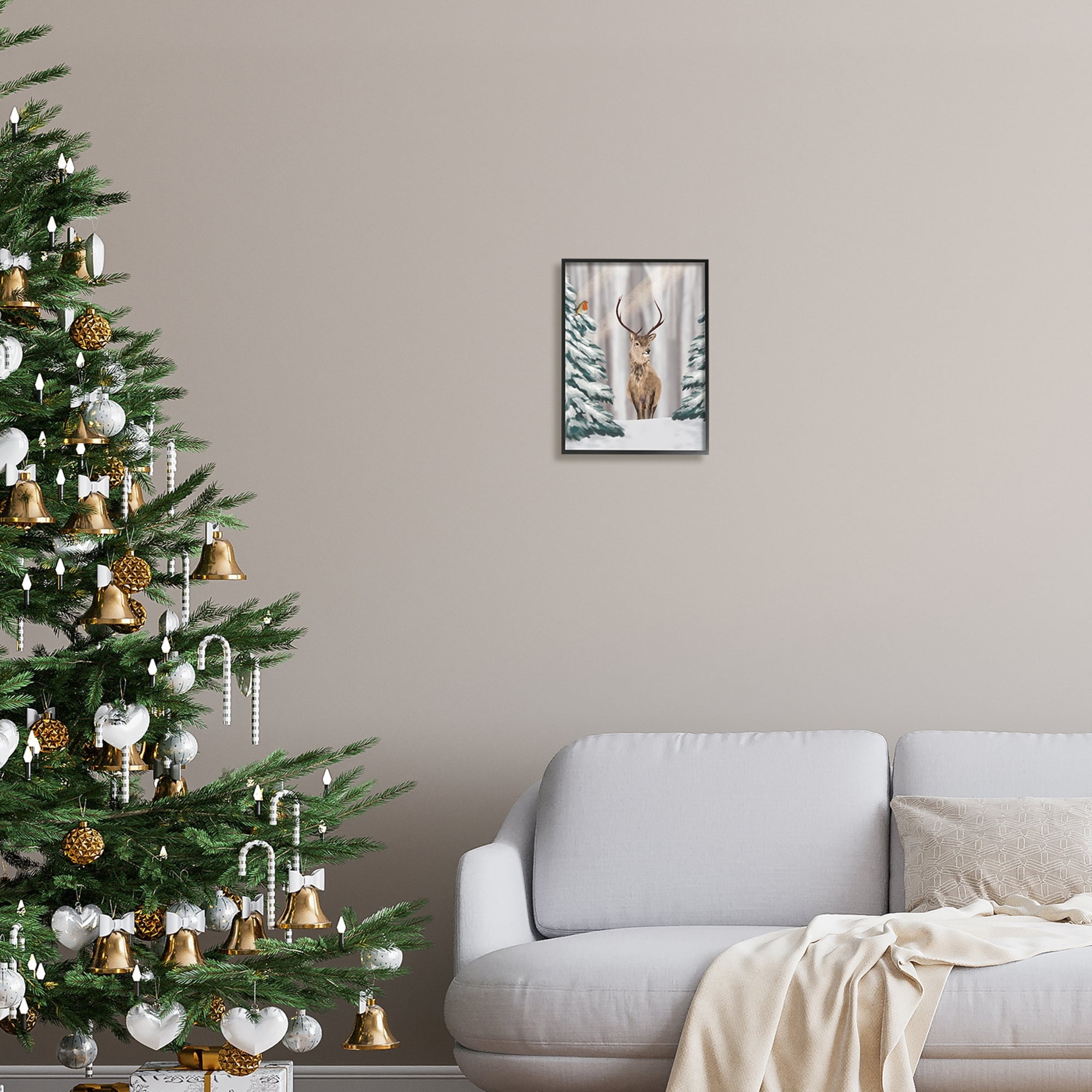 Stupell Industries Seasonal Deer Winter Landscape Holiday Painting Black Framed Art Print Wall Art