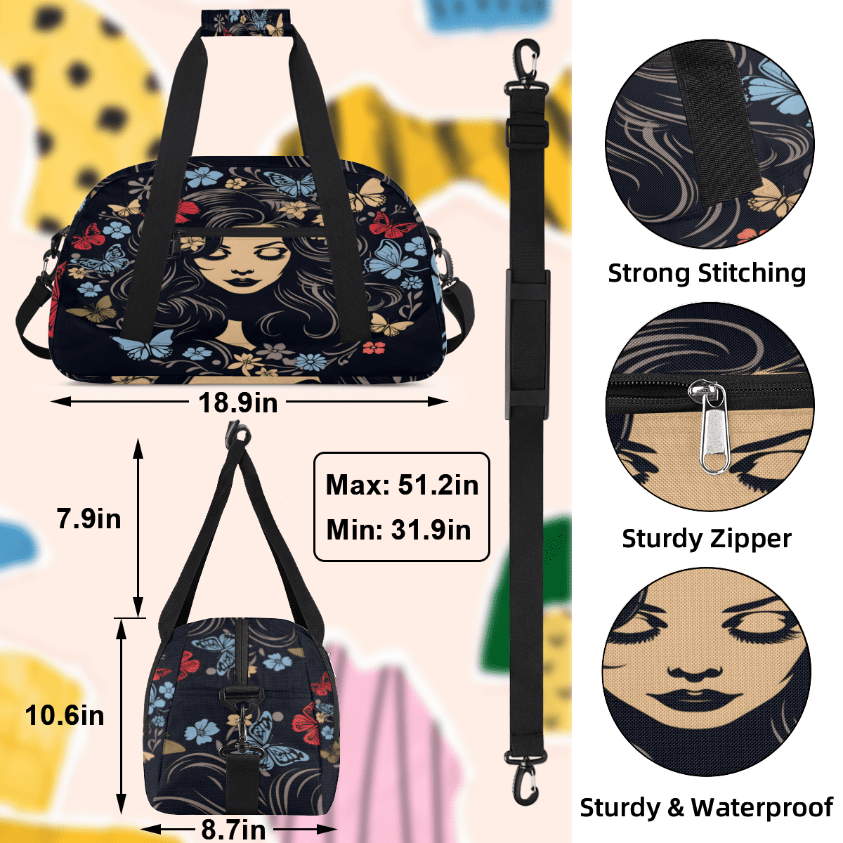 Herdesigns Fashion Women Sports Duffle Bag for Women & Men, Modern Art Gym Bag Dance Bag Overnight Bag Carry On Weekender Travel Bag