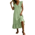 thumbnail image 2 of Bohemian Beach Linen Dress for Women Elegant Summer Boho Maxi Dresses Ruffle Vintage Sundress Holiday Flowy Loose Swing Long Dresses for Evening Night Out Green S, 2 of 6