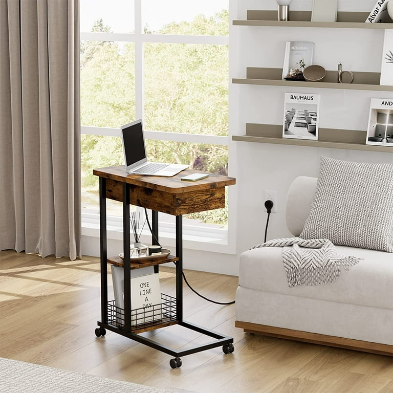  HOUIT C Shaped End Table with Charging Station Set of