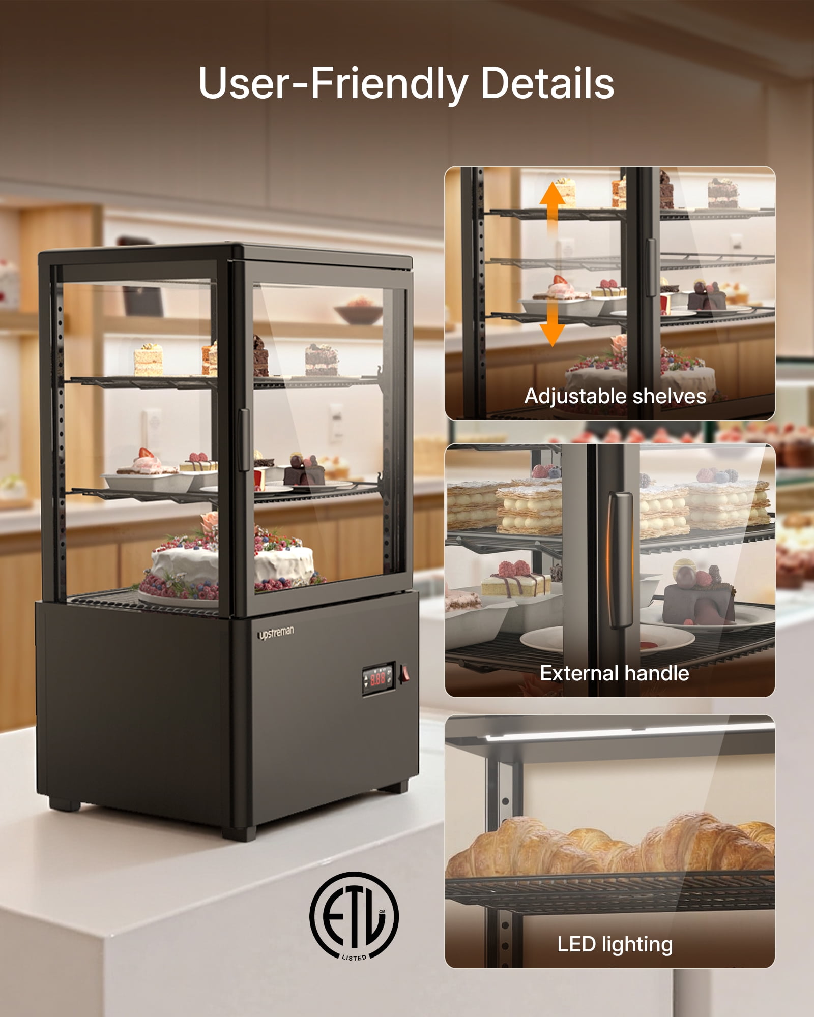 Upstreman Commercial Cake Display Refrigerator, 2.0 Cu.Ft/56L Countertop Pastry Refrigerated Display Case 3-Tier Cake Fridge, CD20