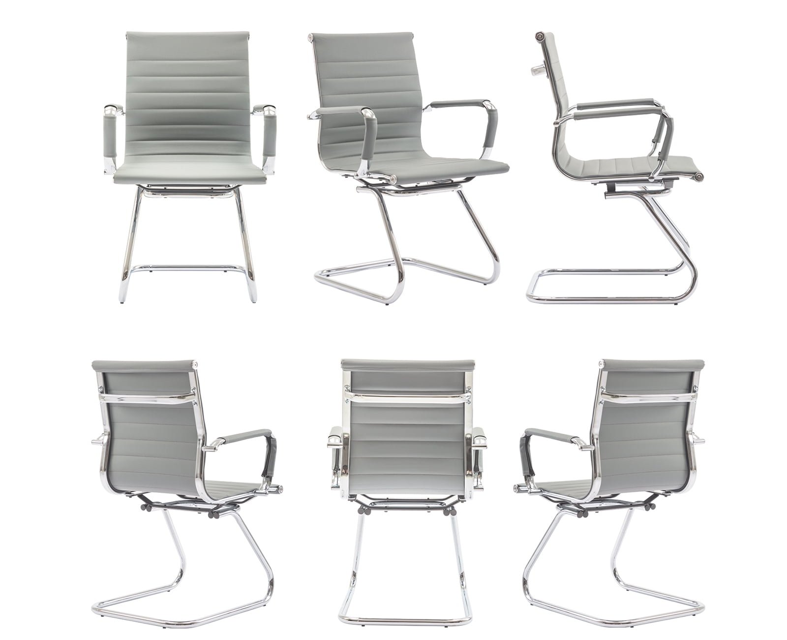 Guyou Modern Mid Back Office Guest Chair Set of 2, Faux Leather Reception Chair Computer Chair with Armrests and Metal Sled Base for Meeting/Waiting/Conference Room, No Wheels, Grey