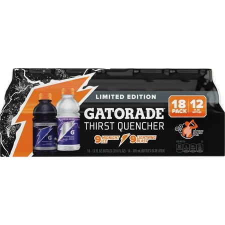 Gatorade Thirst Quencher Variety Pack, Lightning Blast/Midnight Ice Sports Drinks, 12 fl oz, 18 Ct Bottles