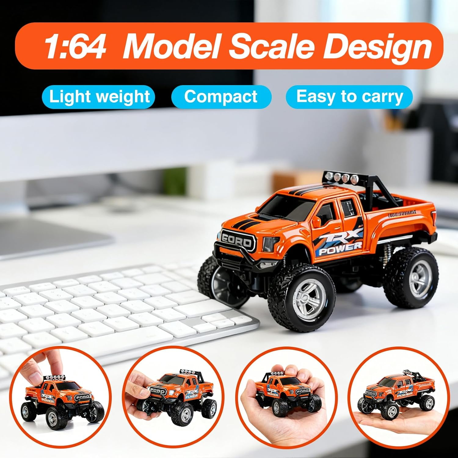 Mini RC Truck, 1/64 Scale Alloy Remote Control Monster Truck with Lights, 2.4GHz Remote Control Car, Mini Monster Truck with Trailer,Speed & Steering Adjustable Orange