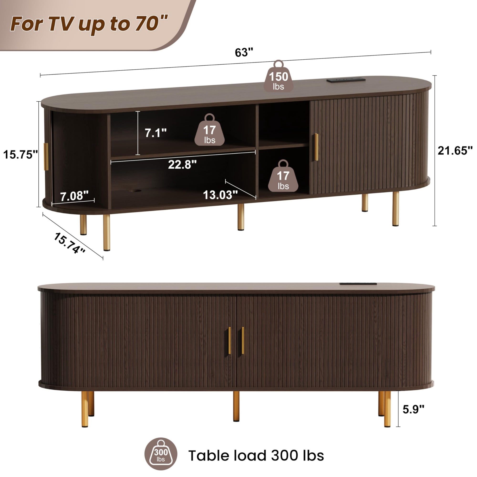 63 Inch Mid Century Modern TV Stand with Power Outlet, Fluted Media Console with Sliding Doors for TVs up to 70 Inch, Coffee