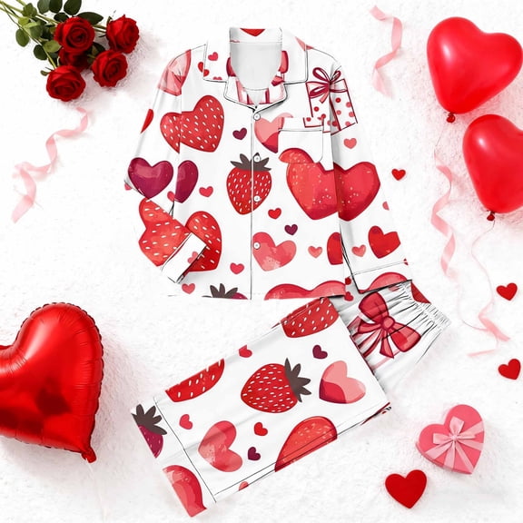 Yteetum Women's Valentines Pajama Sets Plus Size Notch Collar Button Down Valentine's Day Print T Shirt Top and Pjs Pant 2 Piece Matching Set Casual Lapel Sleepwear Shirt Pjs Loungewear Two Piece Set