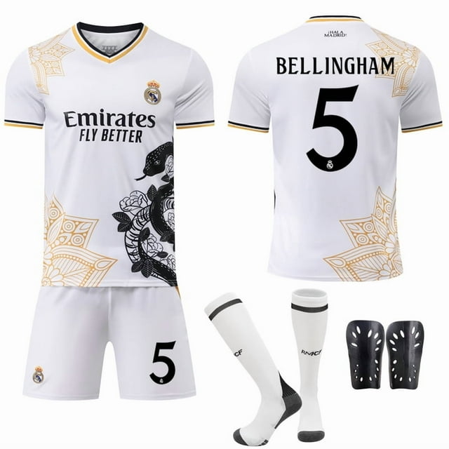 25267 Vinicius 5 Bellingham 9 Mbappe Real Madrid White Snake Special Commemorative Edition Football Jersey Set No. 5 with socks + protective gear set18