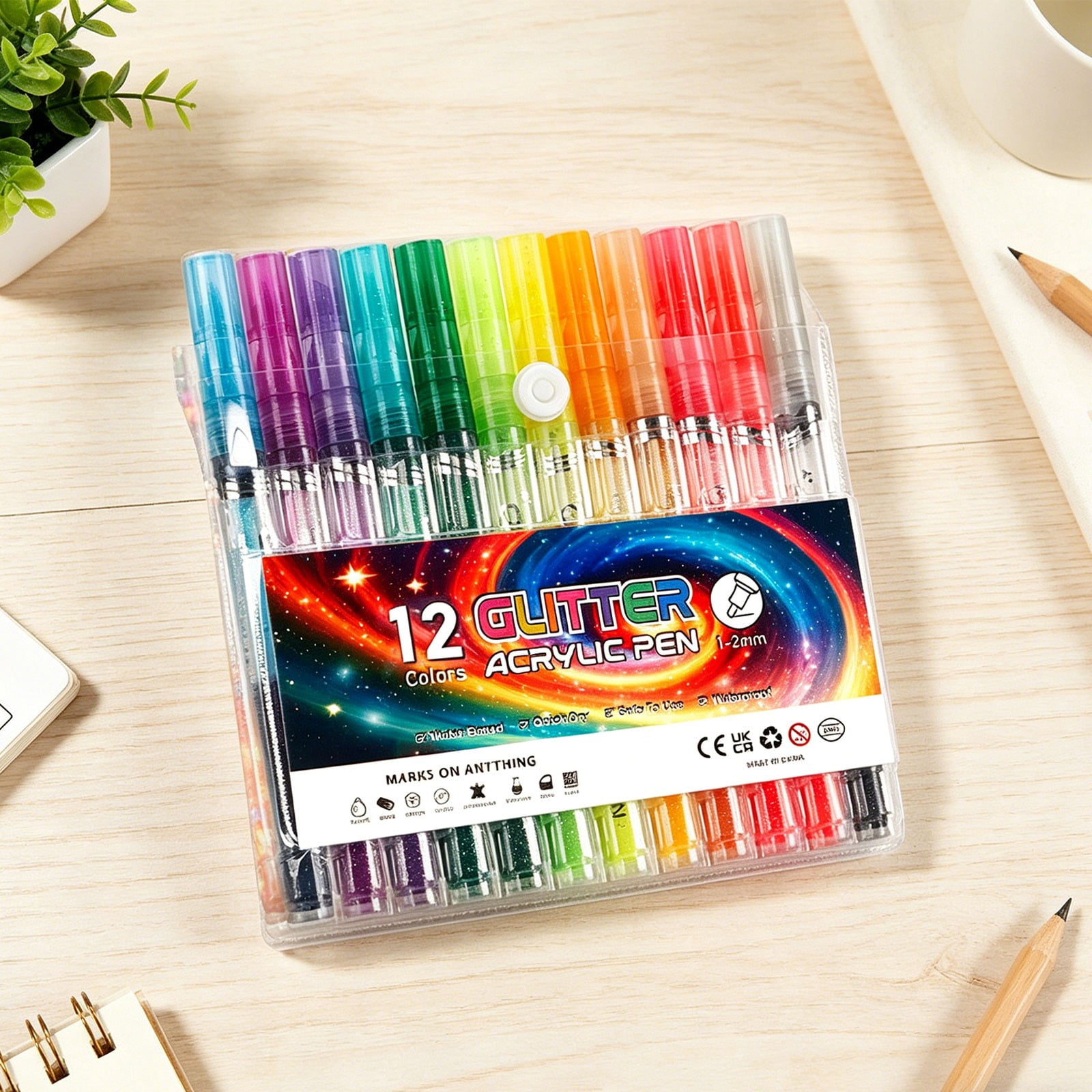 Glitter Acrylic Paint Pens - Water Based Markers 1-2mm Tips for Painting, Journaling, DIY Crafts & Rock Painting - 12 Color Set