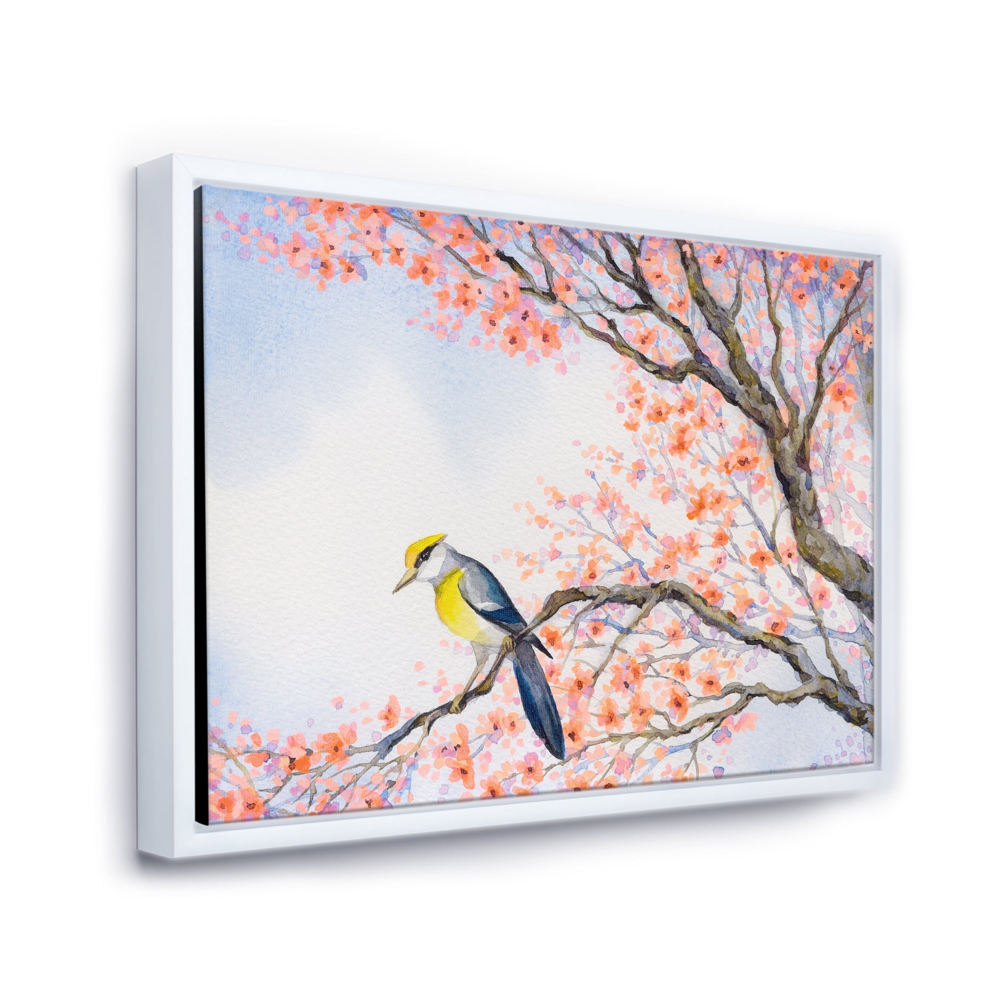 Designart 'Beautiful Blue Bird Sitting On Flowering Branch I' Traditional Framed Canvas Wall Art Print